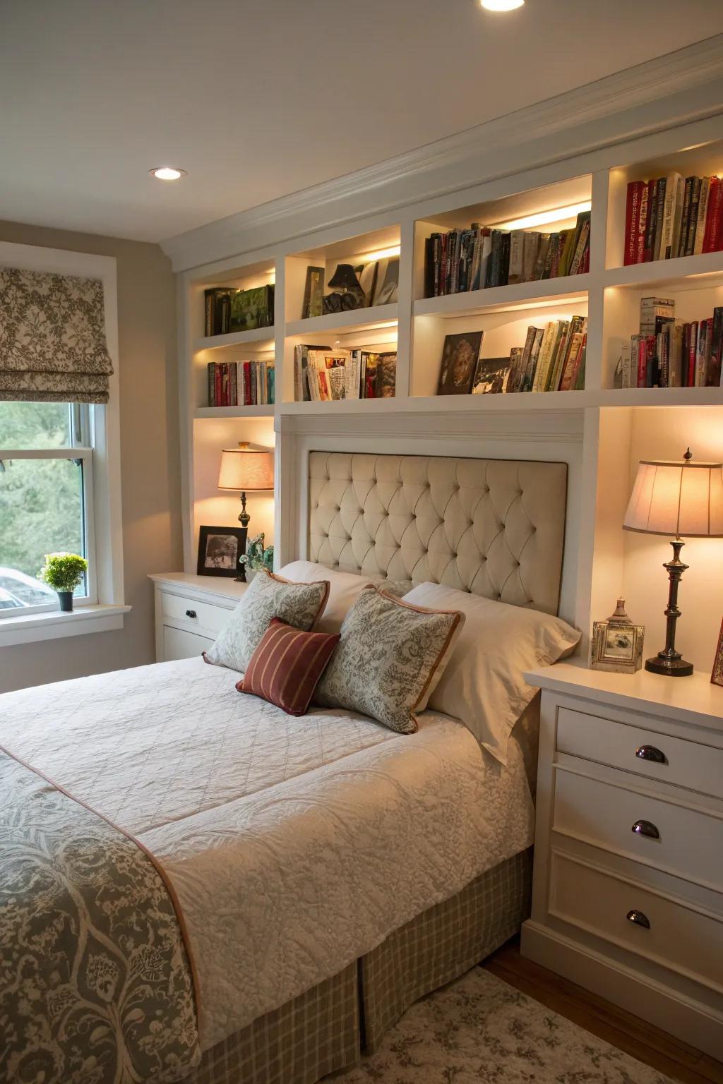 A custom headboard with built-in features offers style and utility.