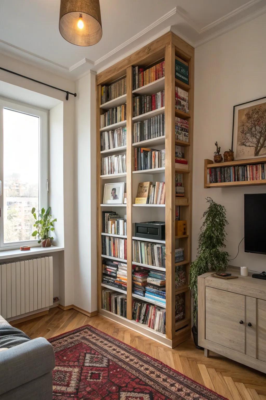 High shelving can maximize storage without taking up floor space.