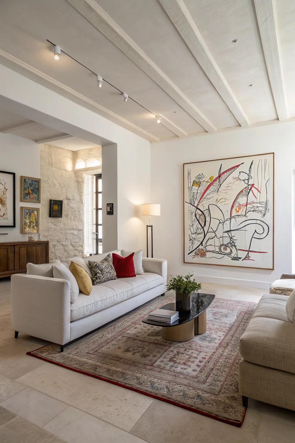 A minimalist living room featuring a grand abstract sketch.