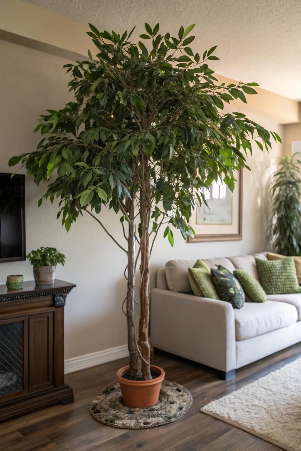 An indoor tree contributes height and natural beauty.