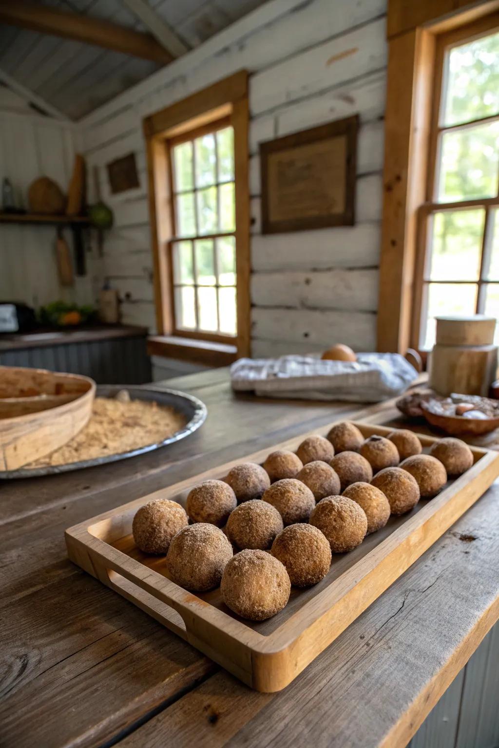 Timber slice-covered spheres for a rustic touch