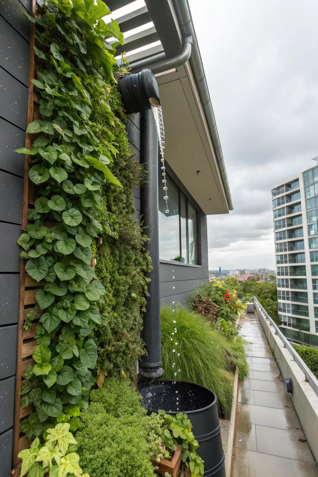 Vertical gardens make efficient use of rainwater in small spaces.