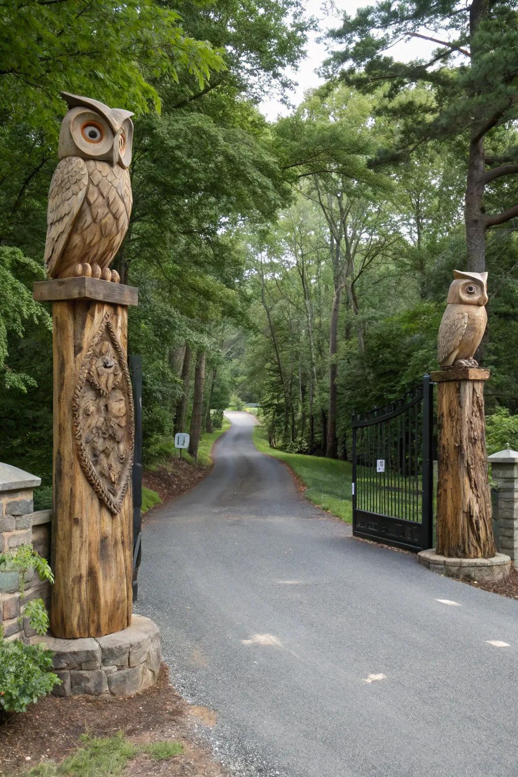 Custom timber carvings make unique and personal driveway markers.