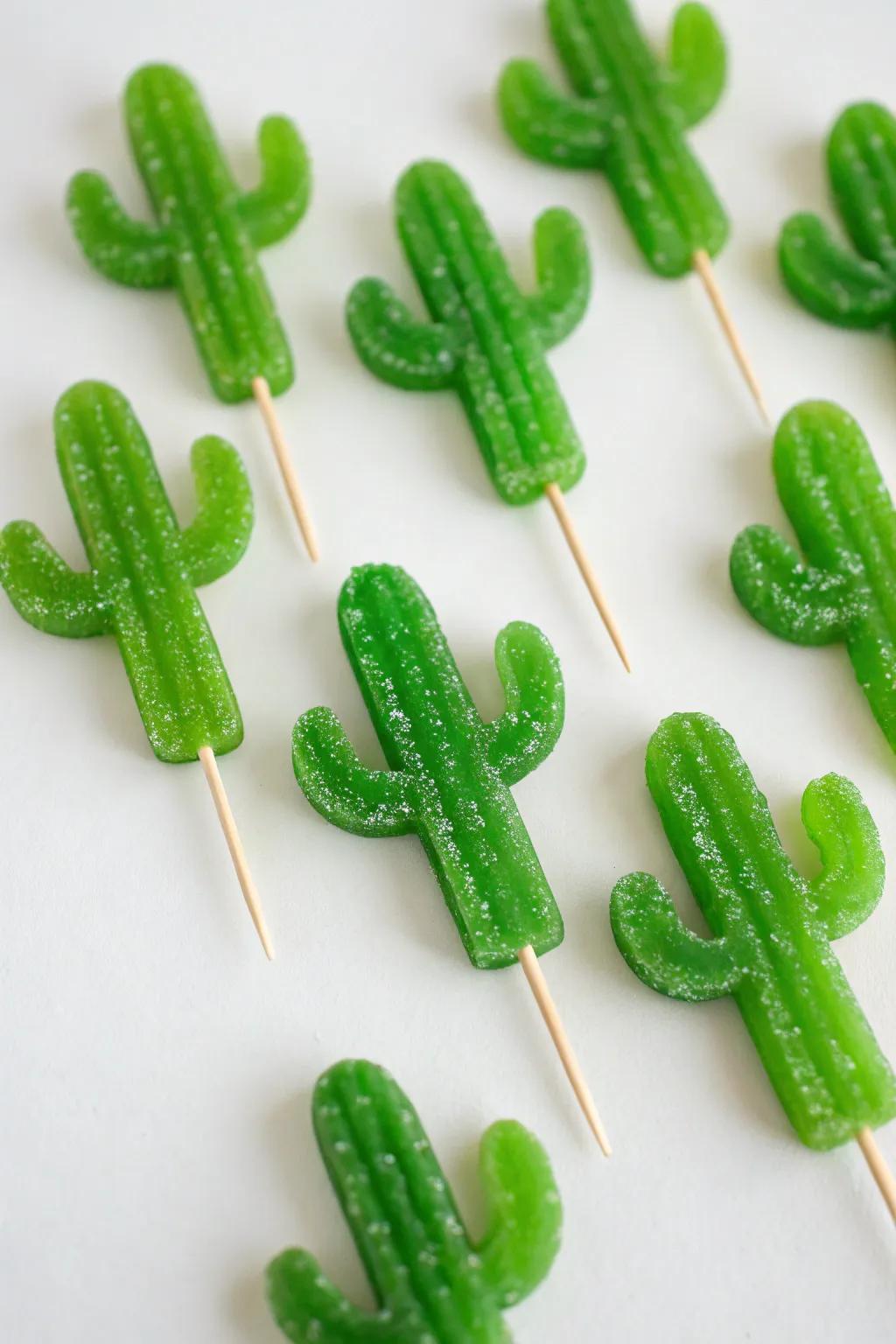 Confectionery spiked goodness crafted from verdant gummy confectionery and wooden pins.