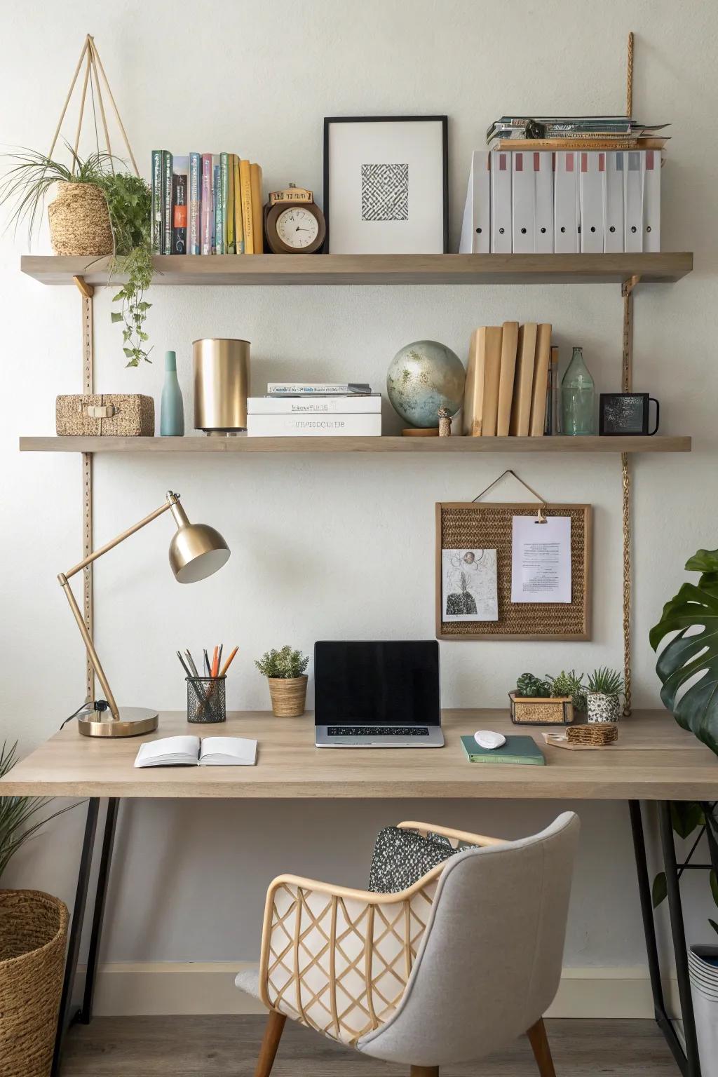 Suspended shelves for a balanced workspace.