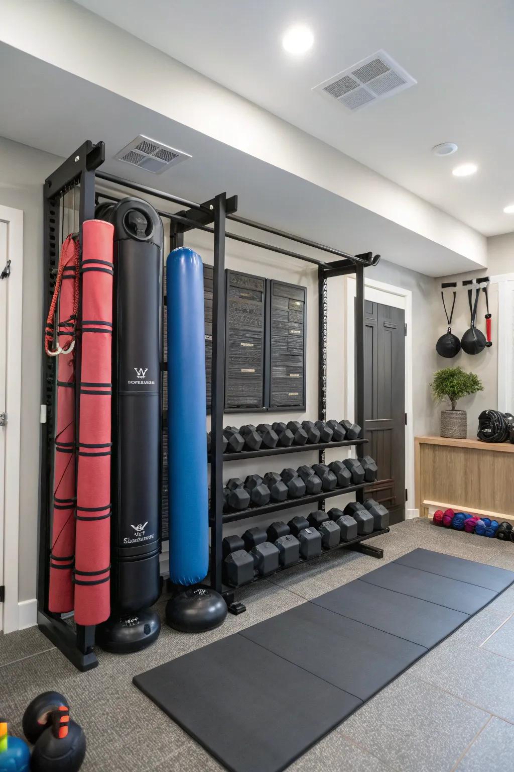 A well-kept personal gym that utilizes vertical storage to keep equipment accessible and tidy.