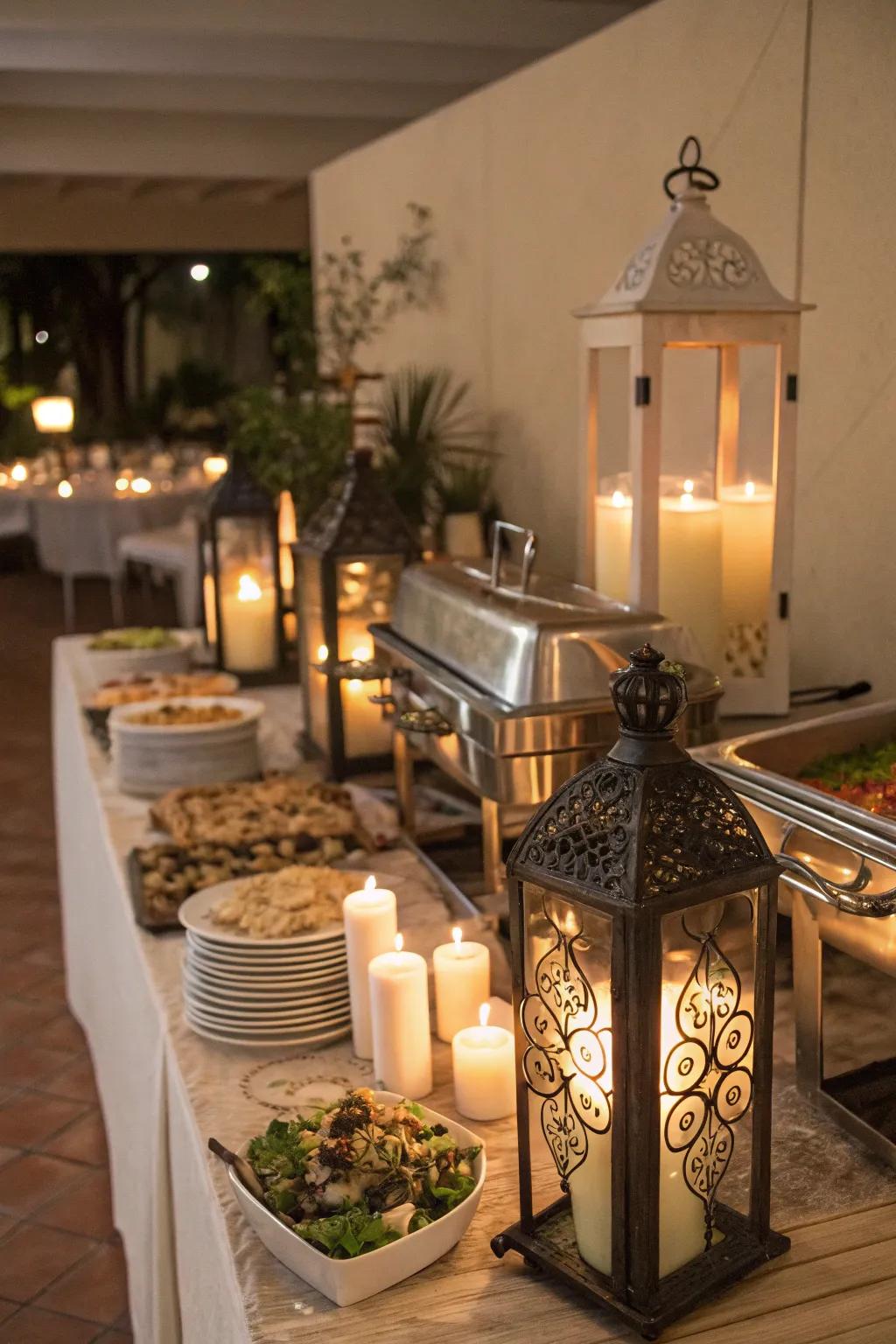 Candles cast a cozy and inviting glow over this buffet.
