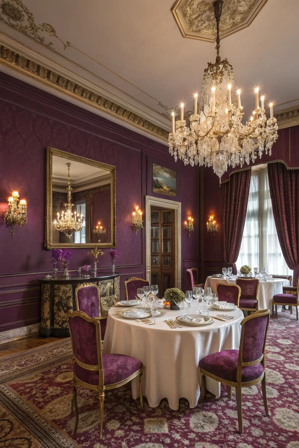 A regal dining space enveloped in the luxury of deep purple.