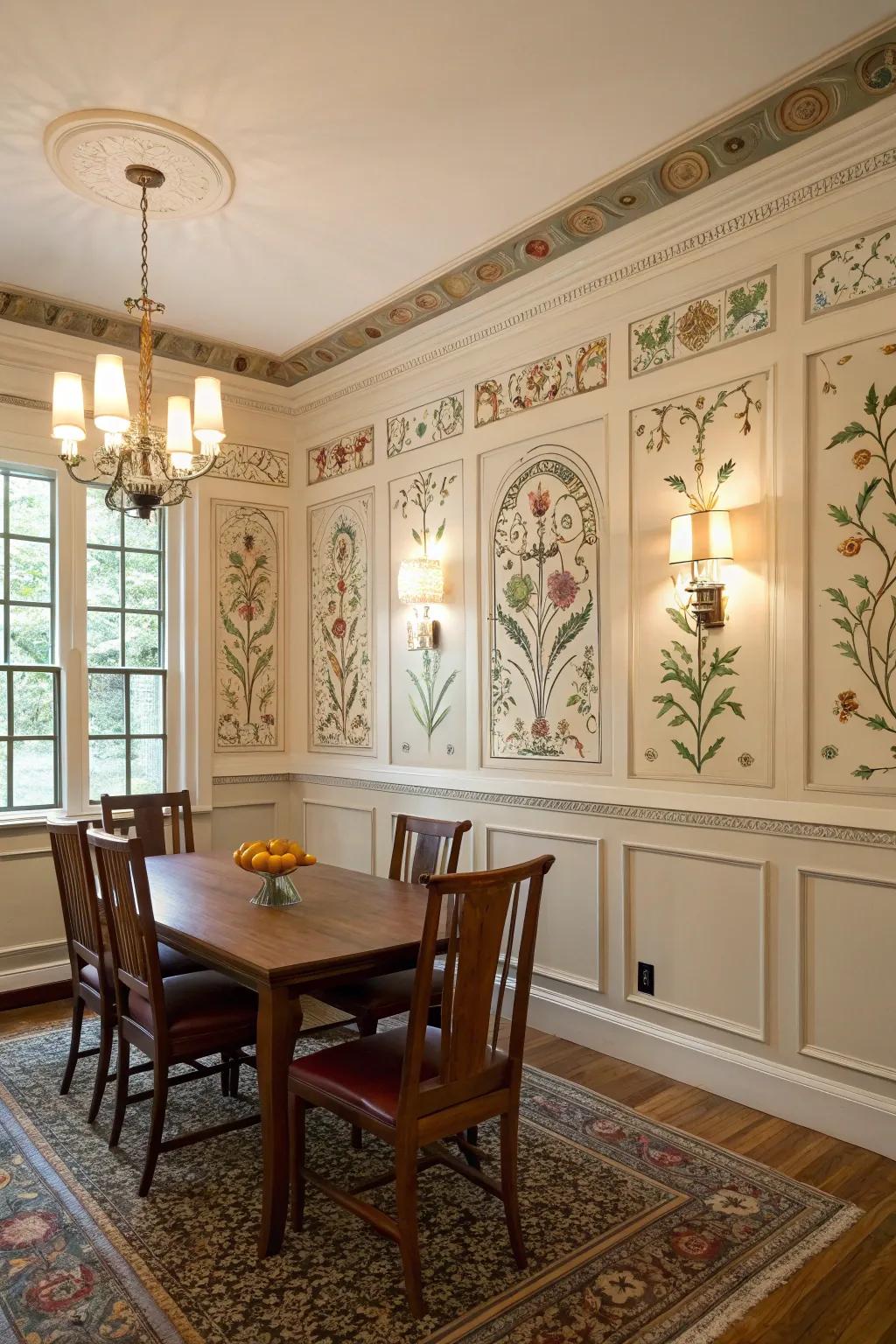 Artistic wainscoting turns the dining room walls into a canvas of creativity.