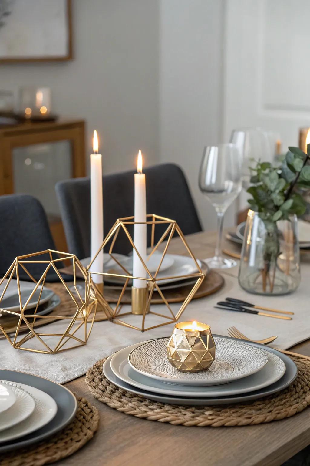 Geometric designs inject a modern flair into traditional dining table setups.
