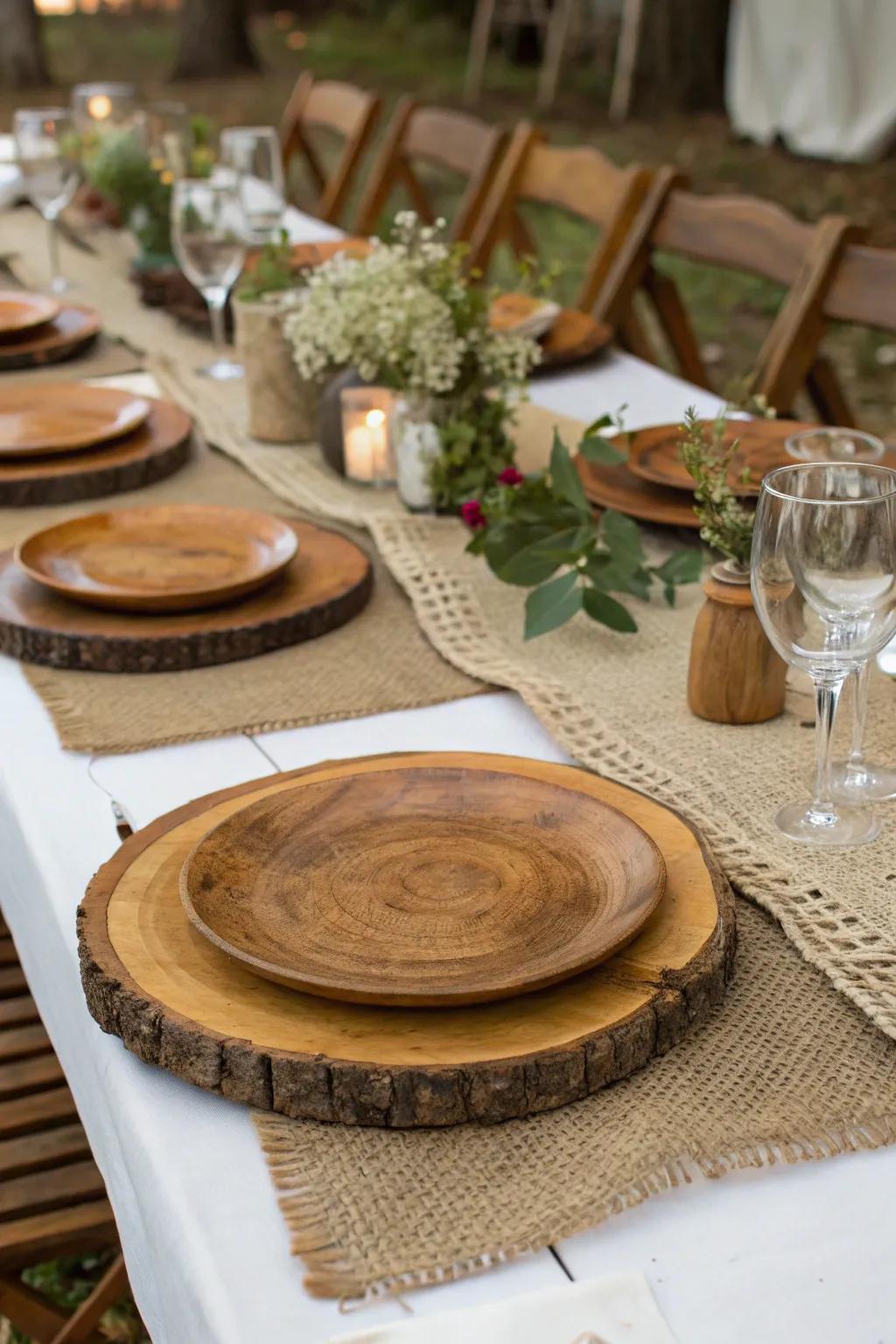 A rustic table arrangement featuring wooden chargers and textured hemp runners.