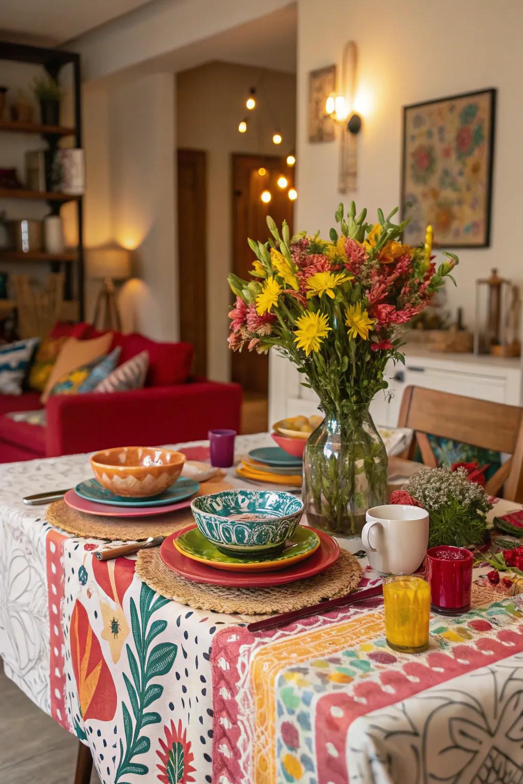 A bold tablecloth acts as a statement piece for the table.