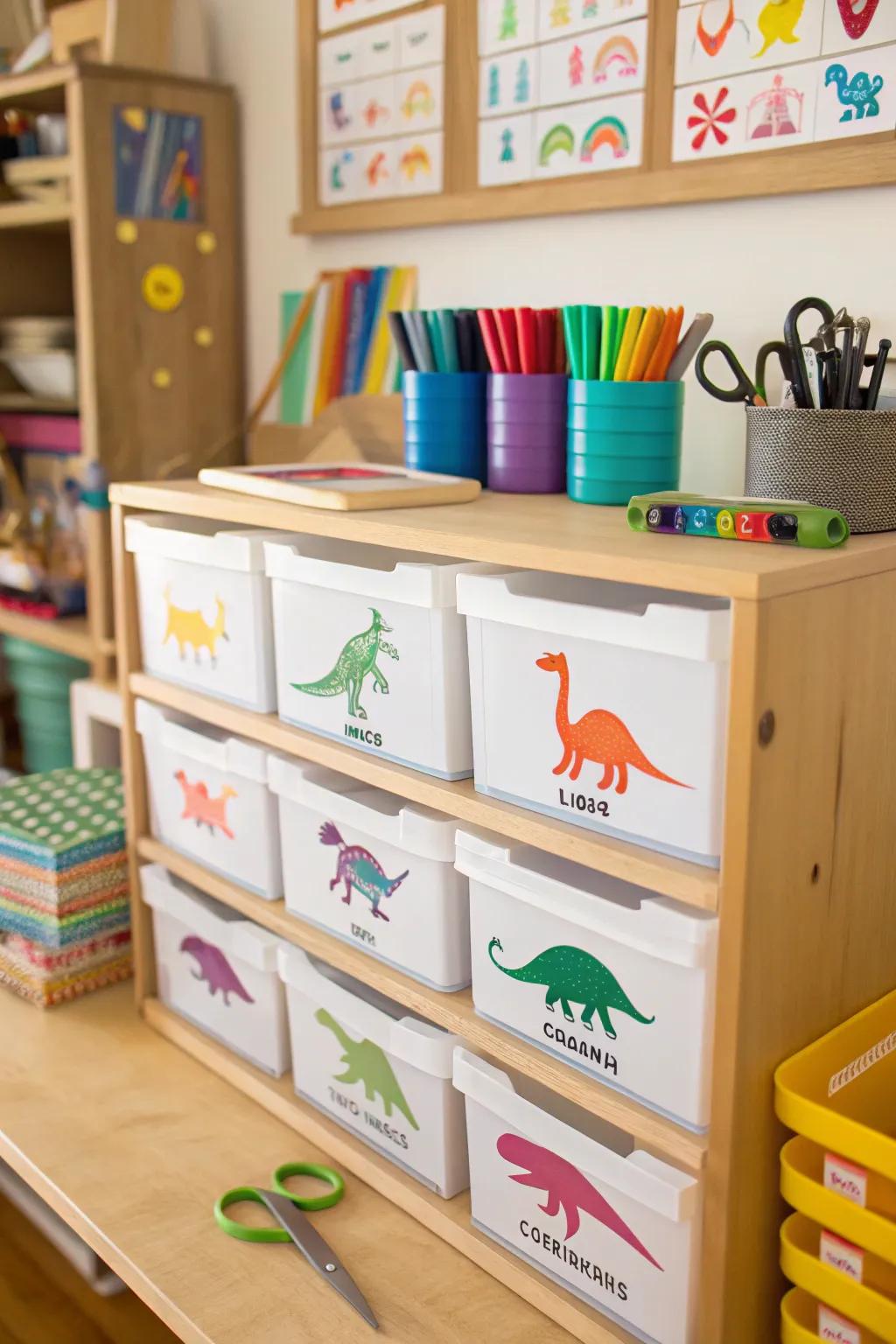 Ferocious lizard decals on drawers including a playful touch to organization.