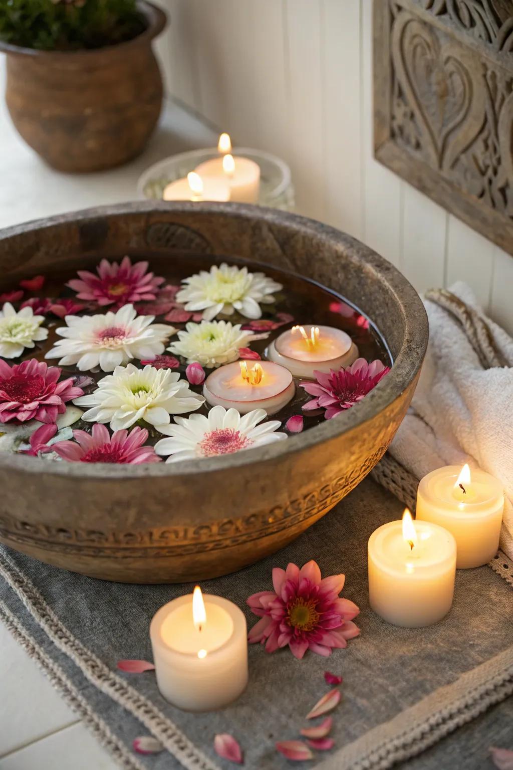 Floating flower bowls create serenity and beauty.