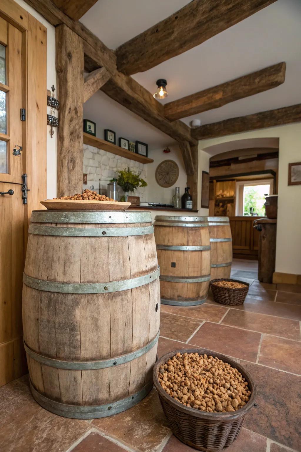 Food-grade kegs bring a country-style charm to dog food storage solutions.