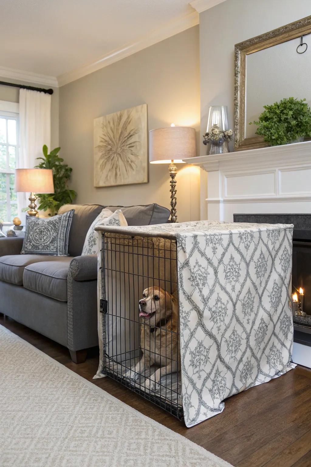 A disguised dog crate via a fashionable cover that blends seamlessly into the living room design.