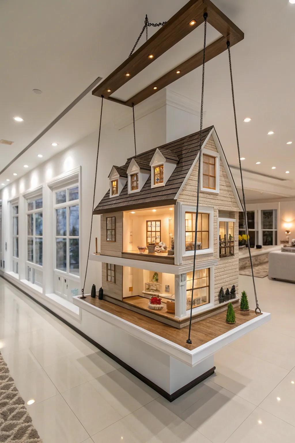 Floating shelves give a modern twist to dollhouse arrangements.