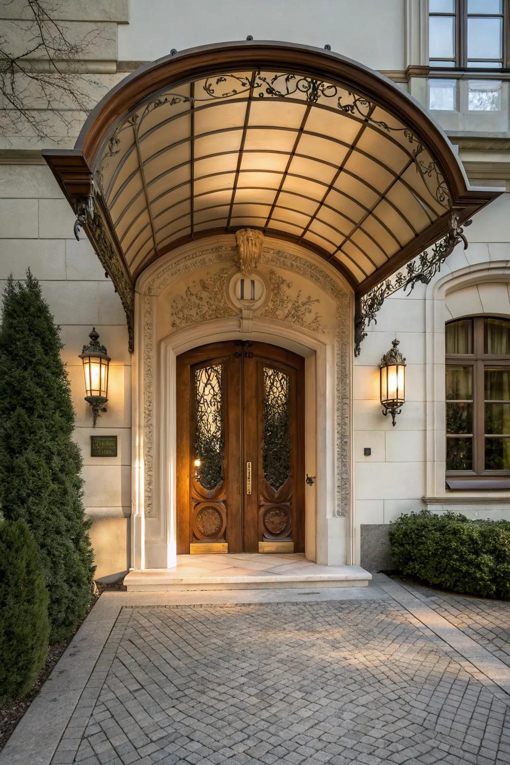 An arched shelter that adds a graceful touch to the entrance.