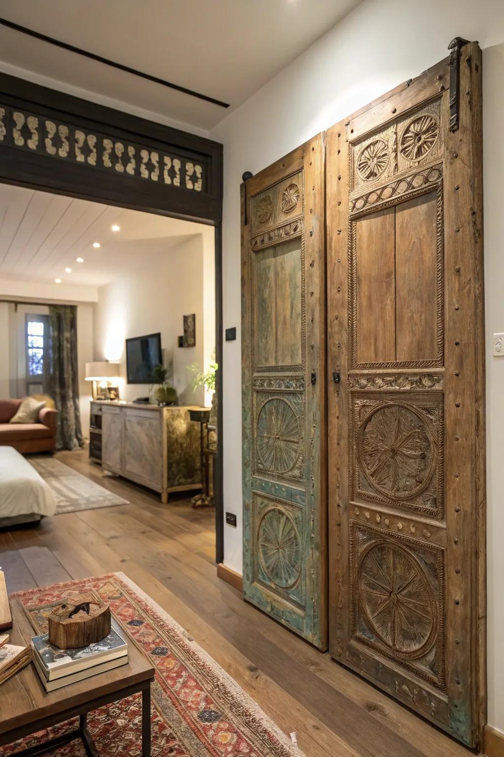 Repurposed doors infuse this studio apartment with individuality and a sense of history.