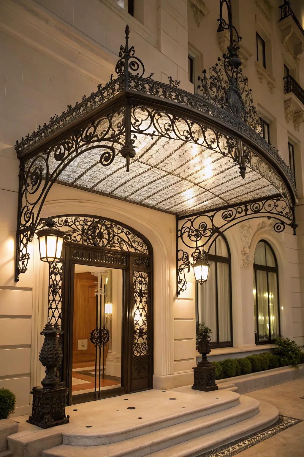 An entrance with classic ironwork roof, detailed and elegant.