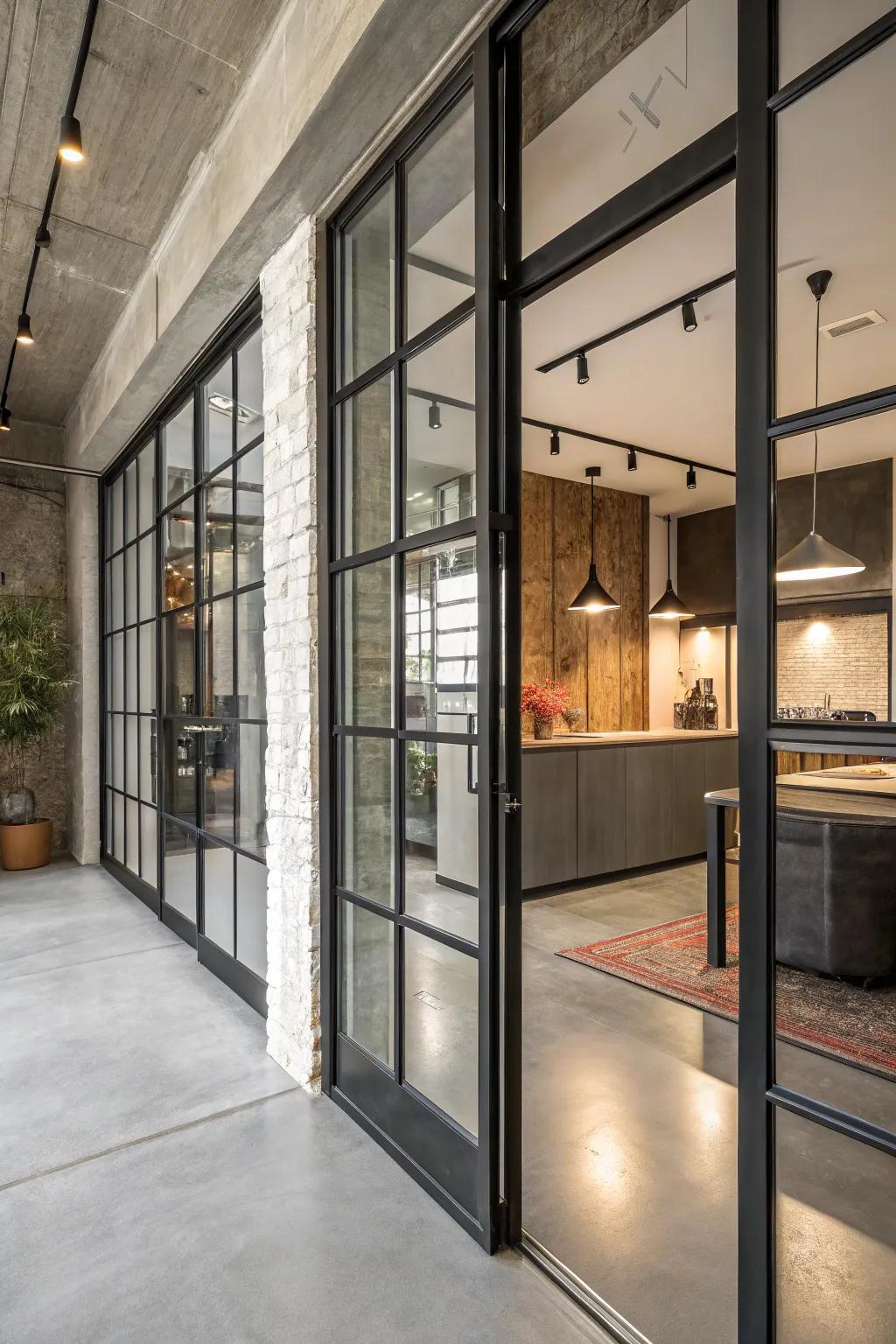 Realize an industrial chic aesthetic through steel frame doors.