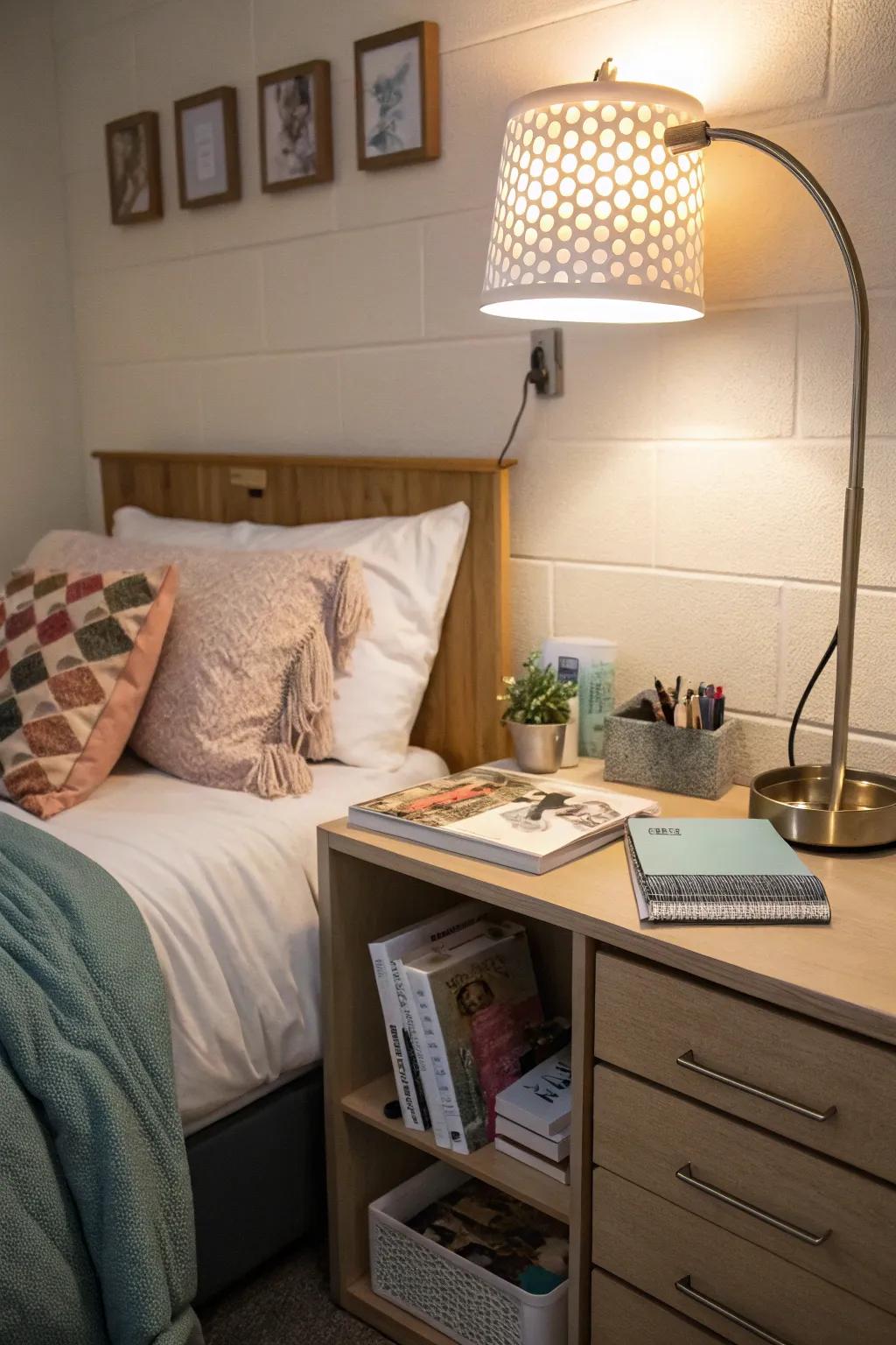 A nightstand lamp adds warmth and function to your dorm.