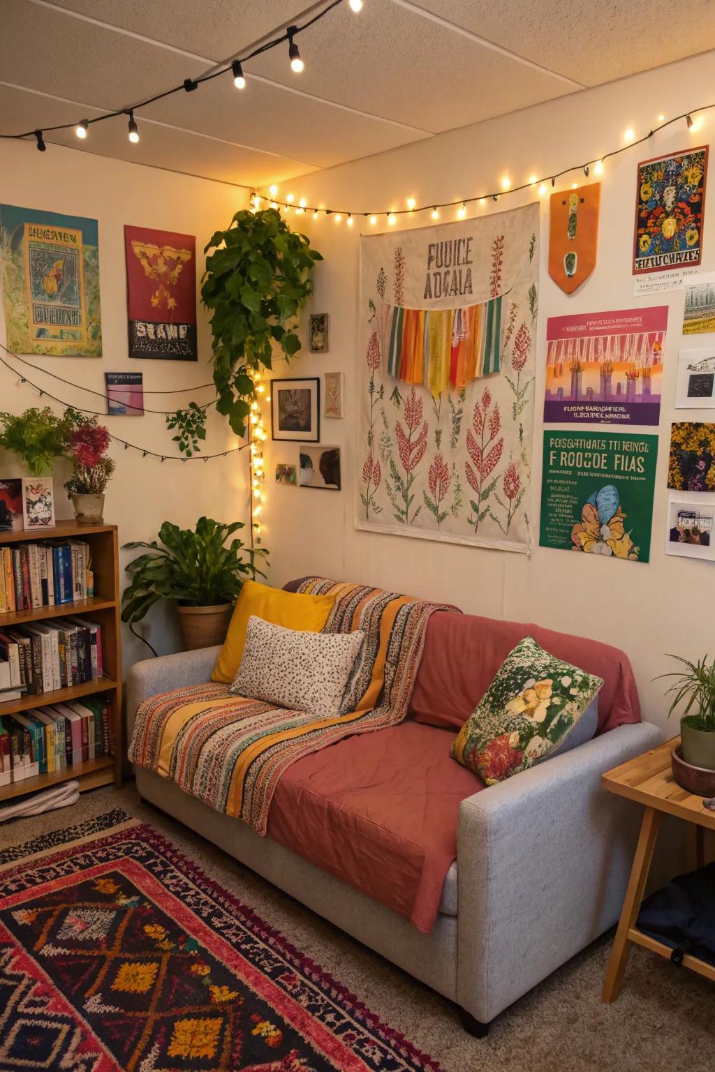In this small dorm, a small sectional couch offers plenty of seating.