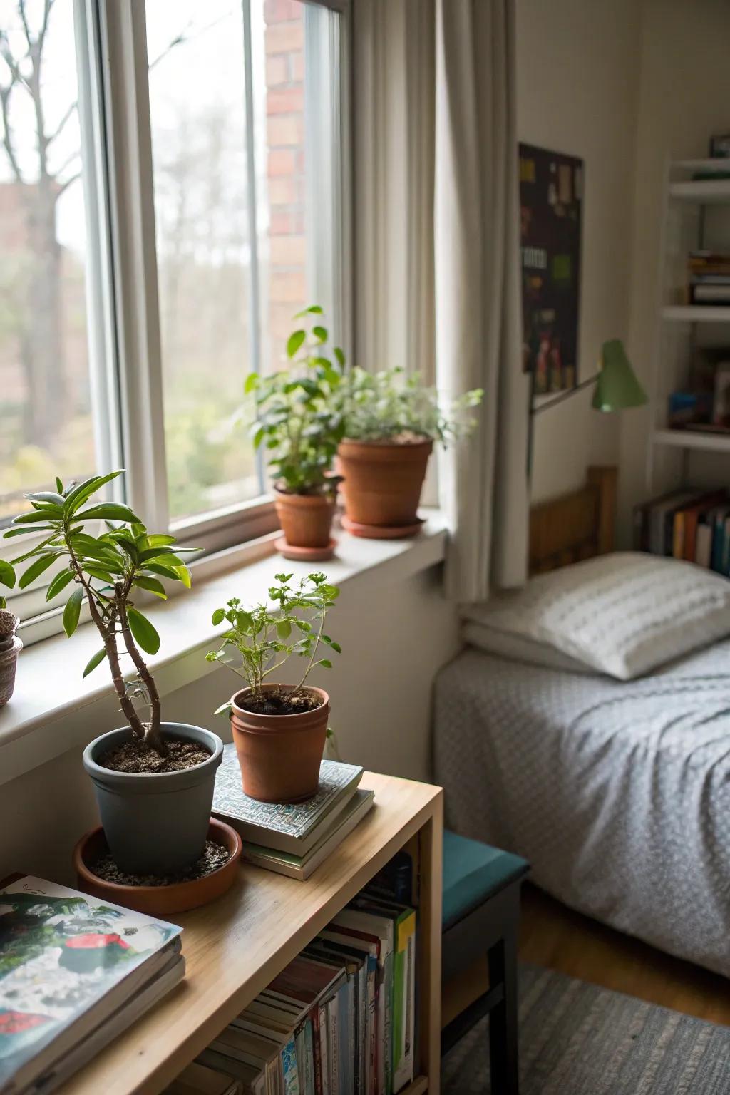 Plants add freshness and life to your college room.