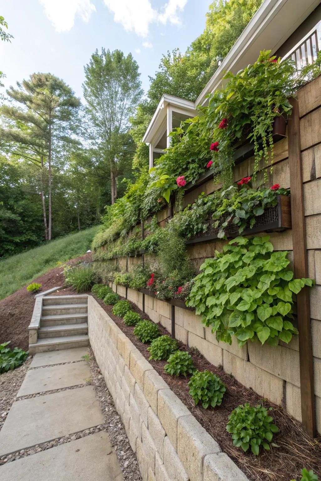 Hanging gardens add vibrant life to the vertical areas of a sloped yard.