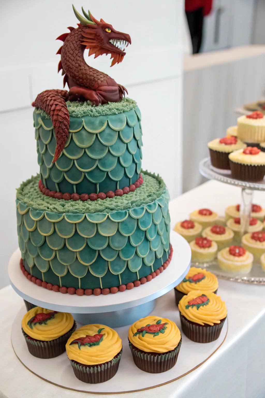 A whimsical cake display delights guests through its dragon-themed sweets.