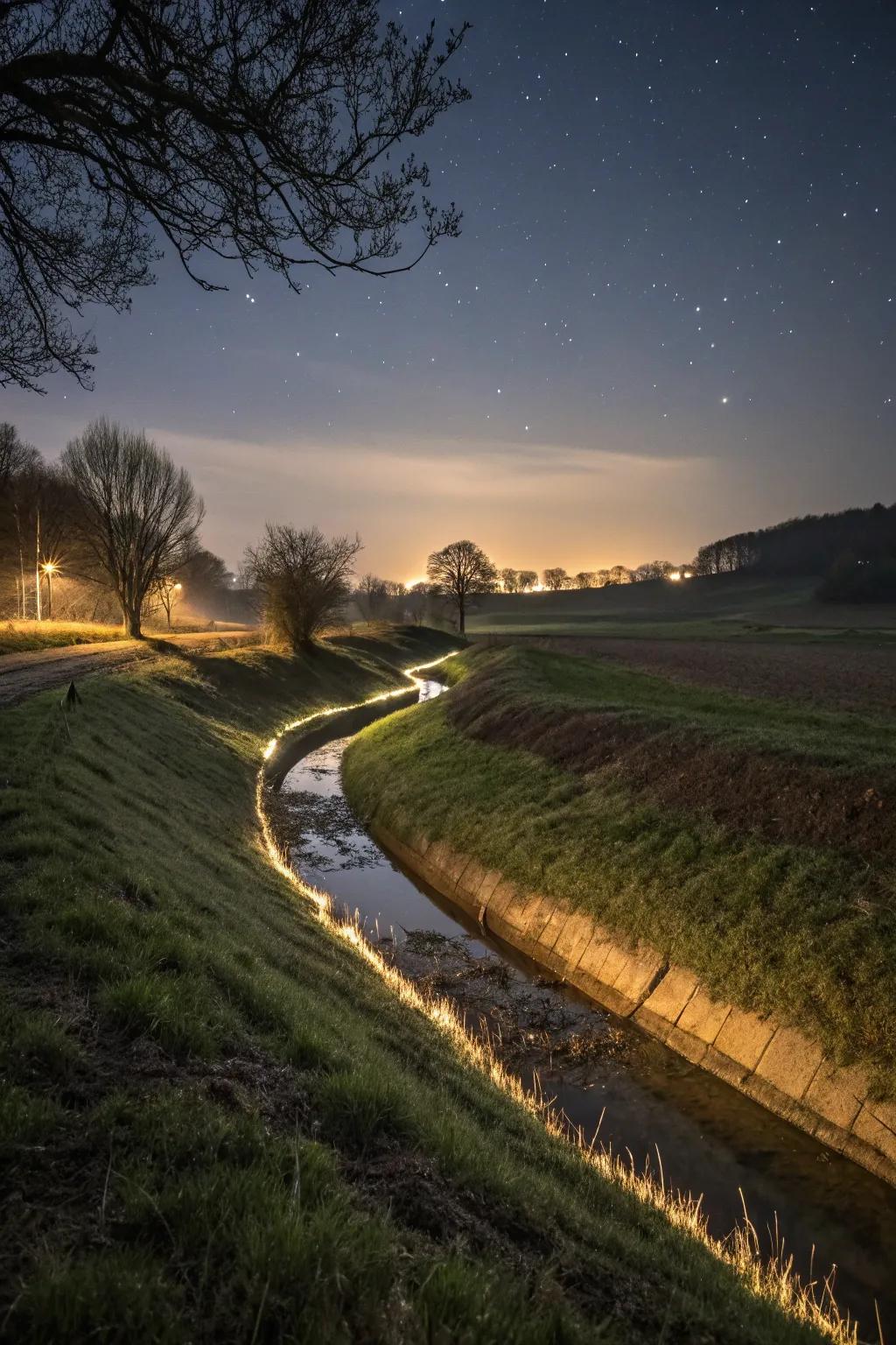 Lighting transforming a simple swale into a captivating nighttime spectacle.