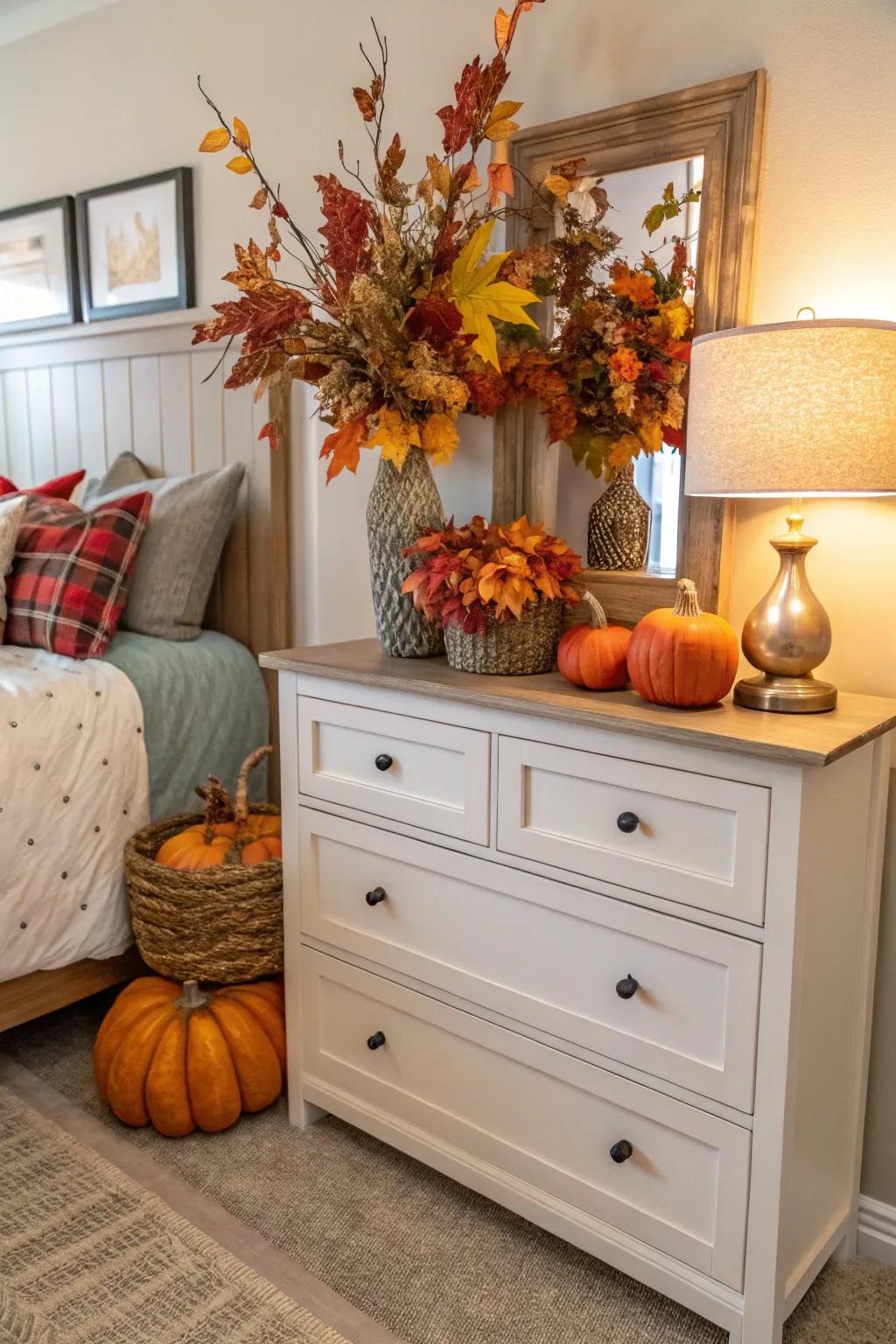 Seasonal decor keeps the dresser looking fresh and inviting.