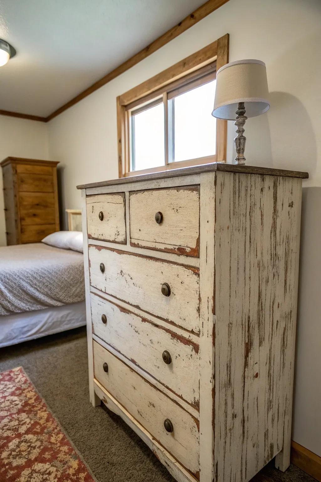 A distressed dresser adding vintage charm to a contemporary small bedroom.