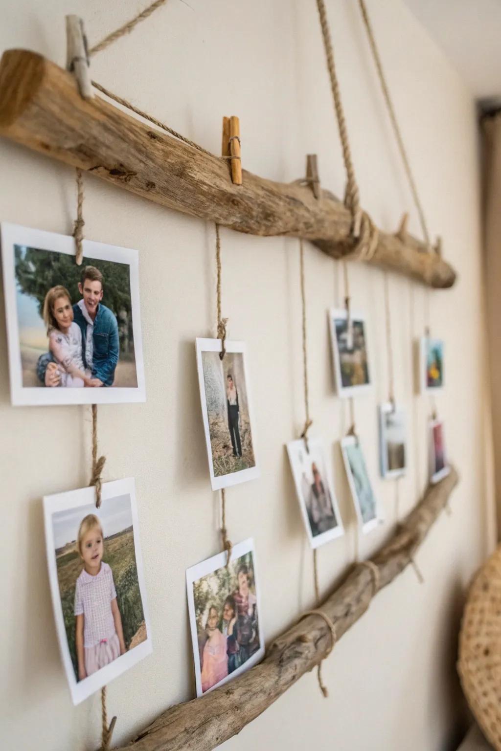 Showcase memories using a found-wood photo hanger.