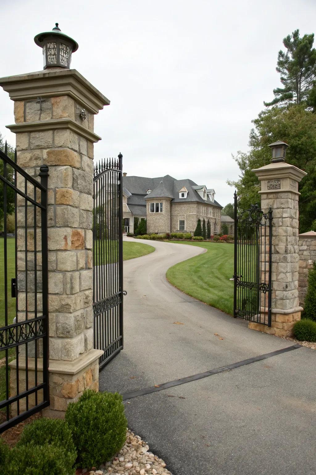 Stone stanchions paired with metallic perimeters present a stately entry.