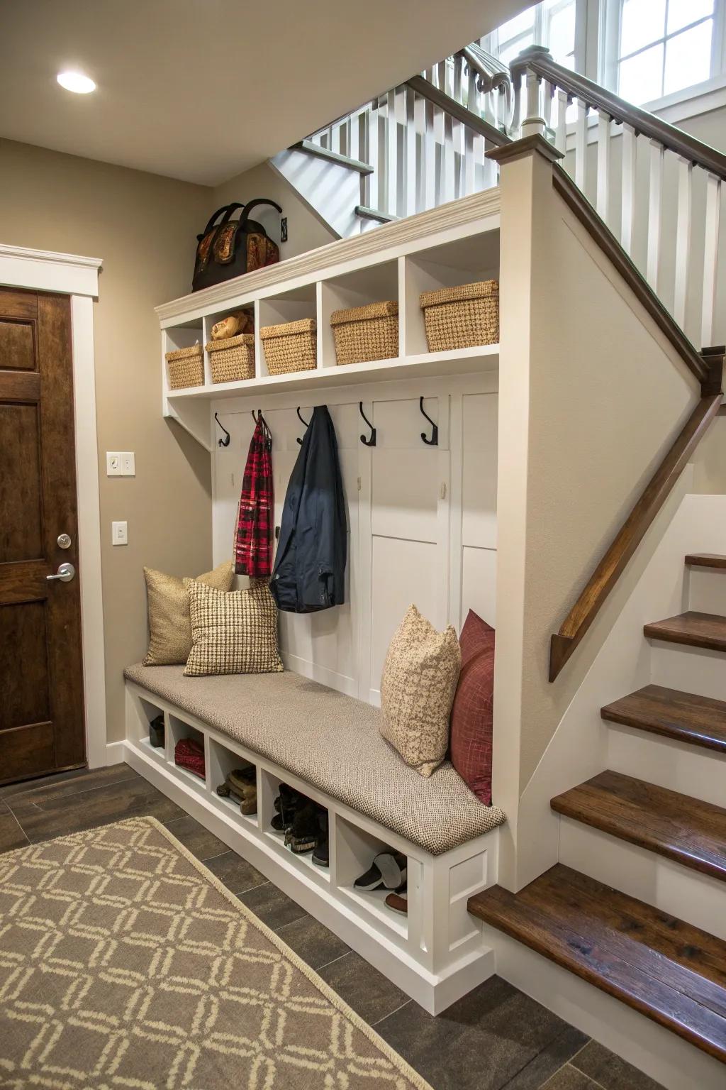 Make the most of your space with a drop zone under the stairs.