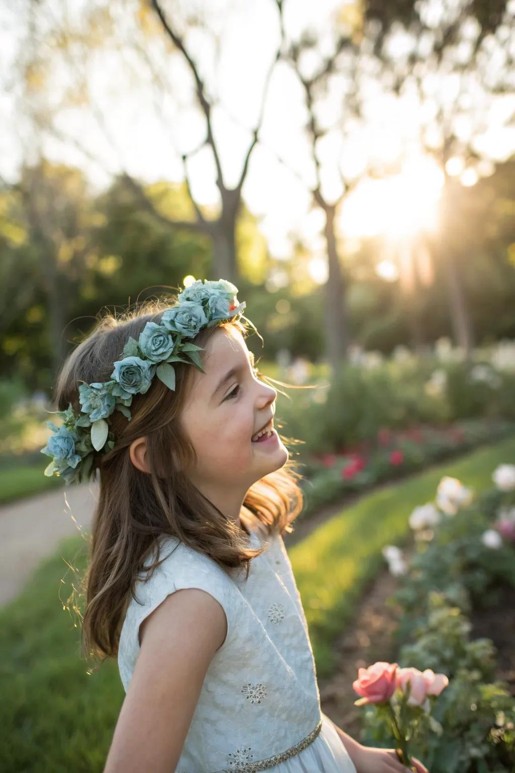 A sweet floral crown in dusty blue, perfect for adding whimsy to the wedding party.