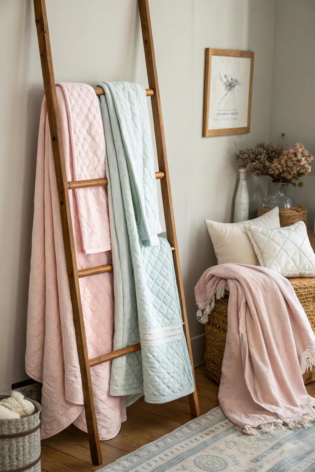 A blanket ladder provides an elegant display for comforters.