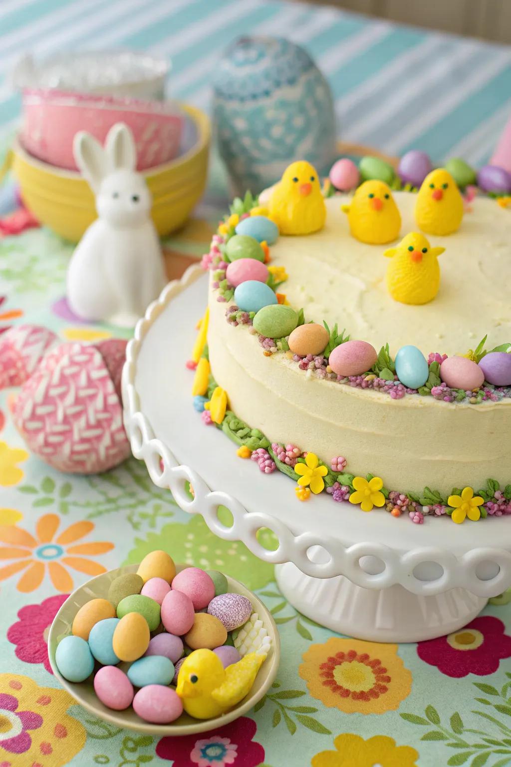 A procession of confection fowls and rabbits delivers joy to this cake.