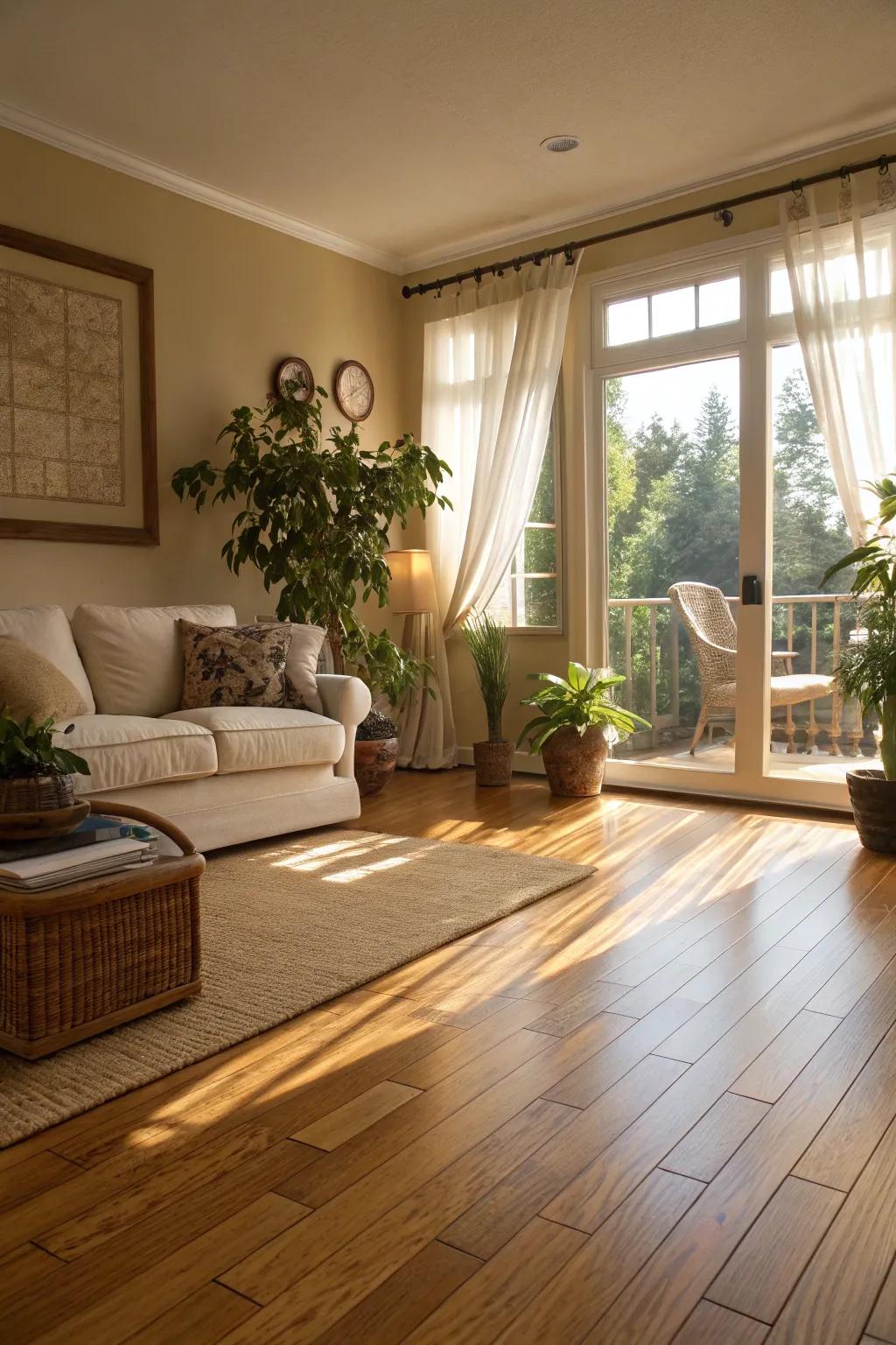 A bright living room featuring elegant cane floor covering that improves its eco-friendly appeal.