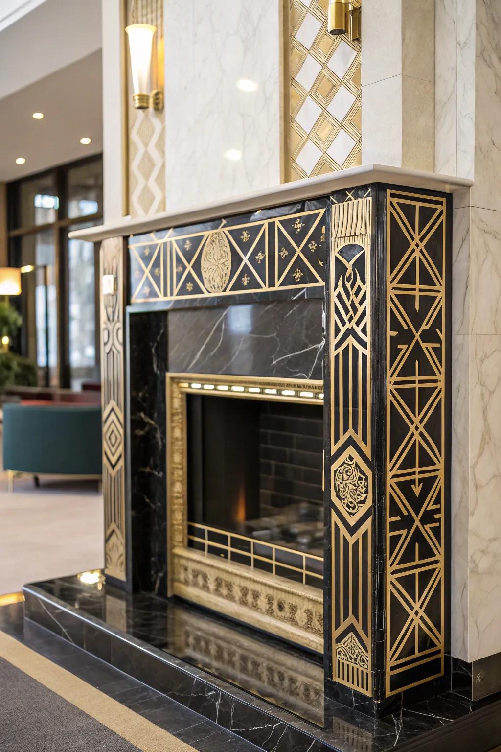 An Art Deco style fireplace with geometric patterns and luxurious finishes.