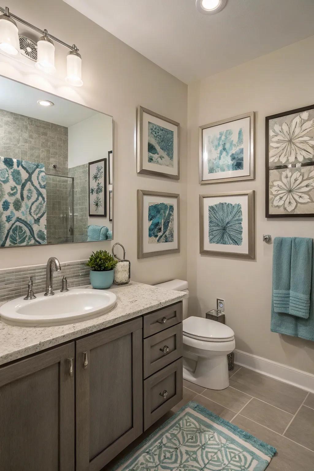 Art pieces elevate the sophistication of this chic bathroom.