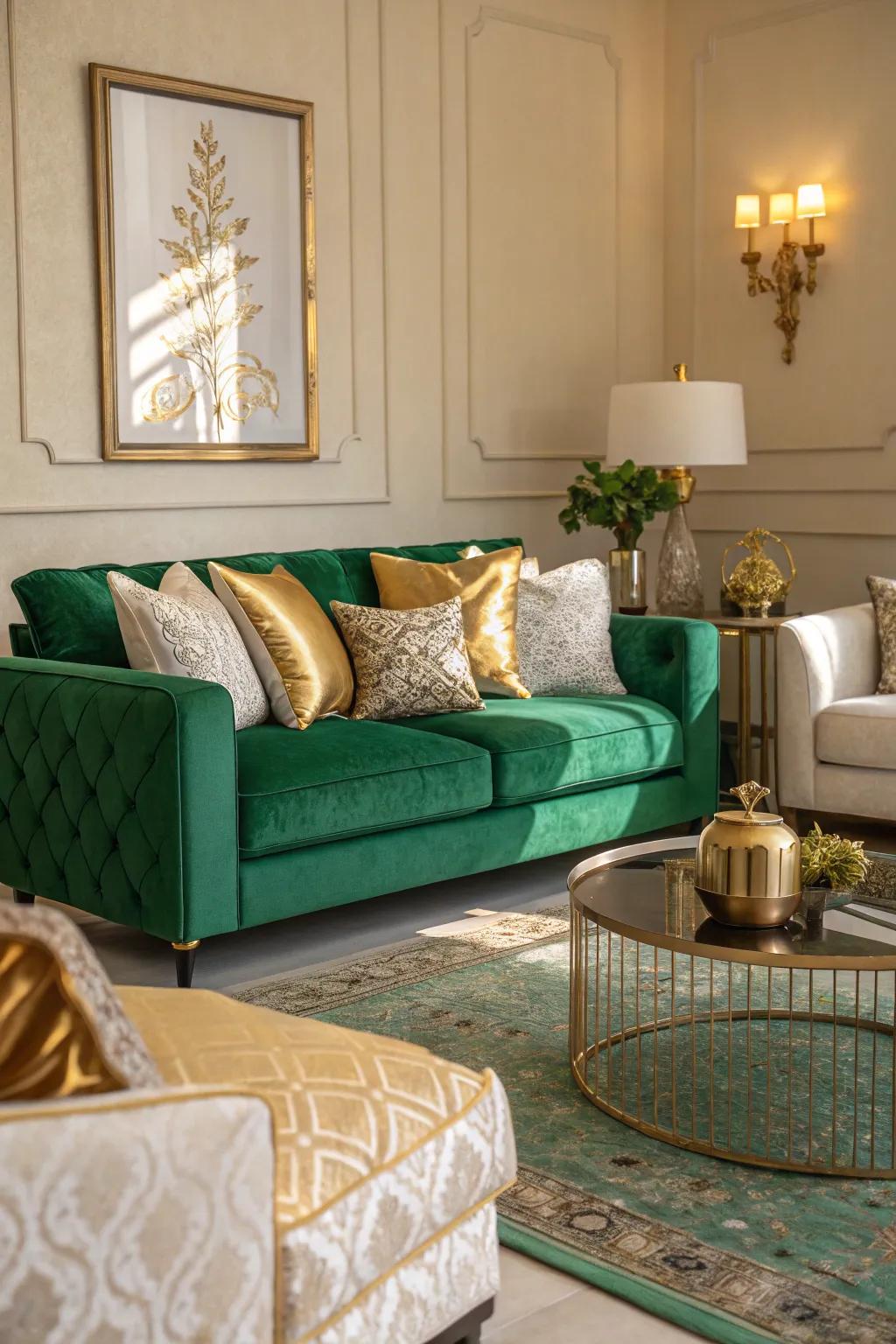 Contrasting cushions add visual intrigue to green decor.