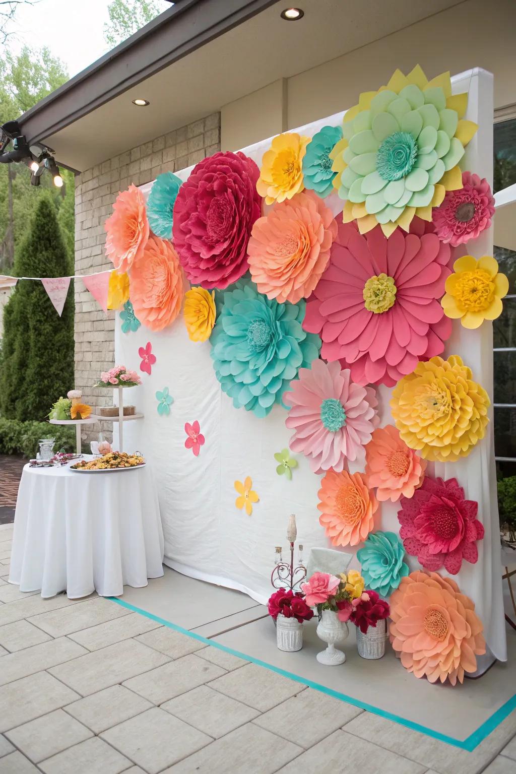 Homemade paper blossoms introduce a vibrant, creative element.
