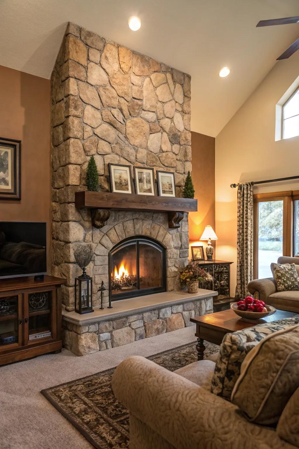 A stone fireplace serves as a cozy visual point.