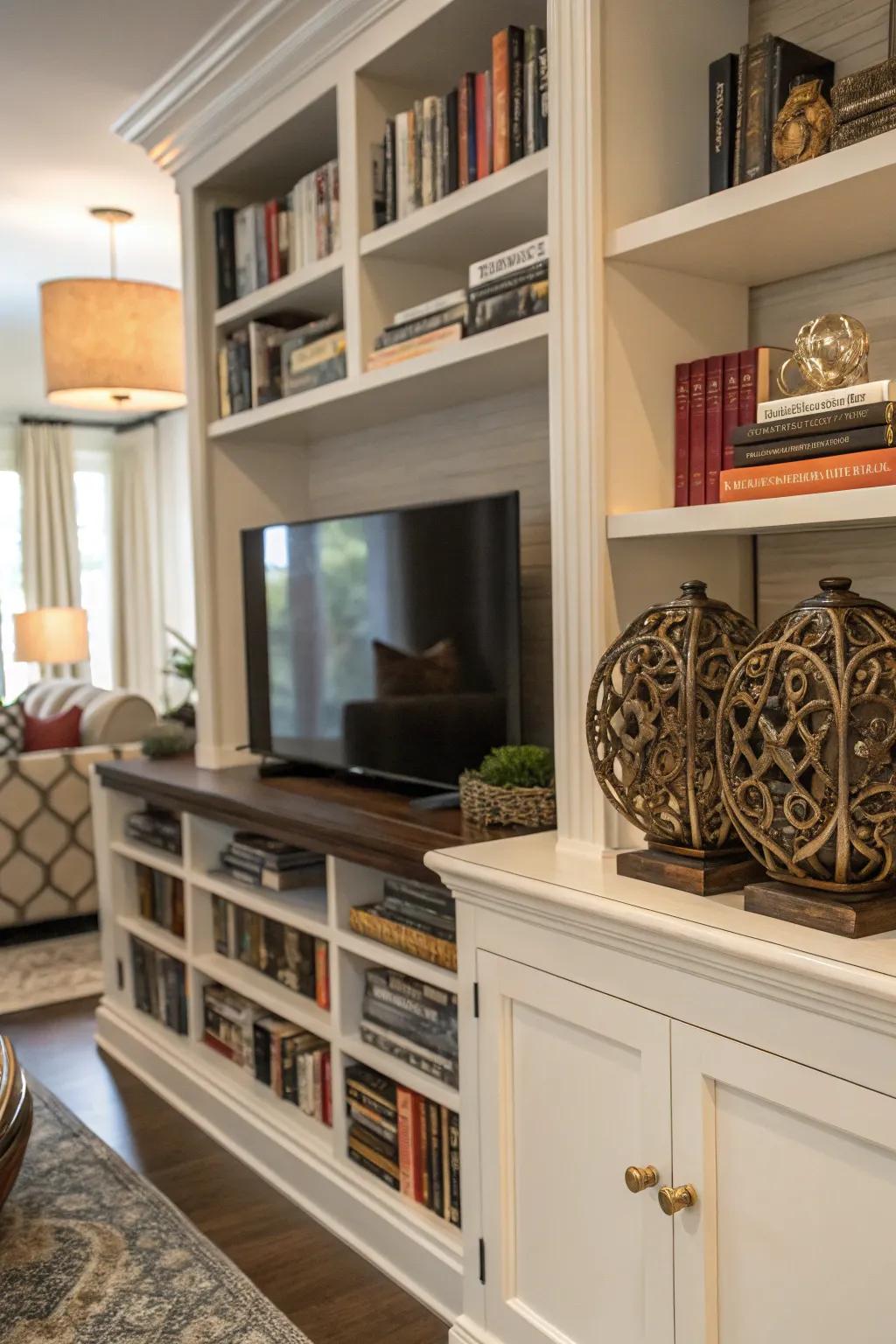 A mini library adds a touch of class to this media hub.