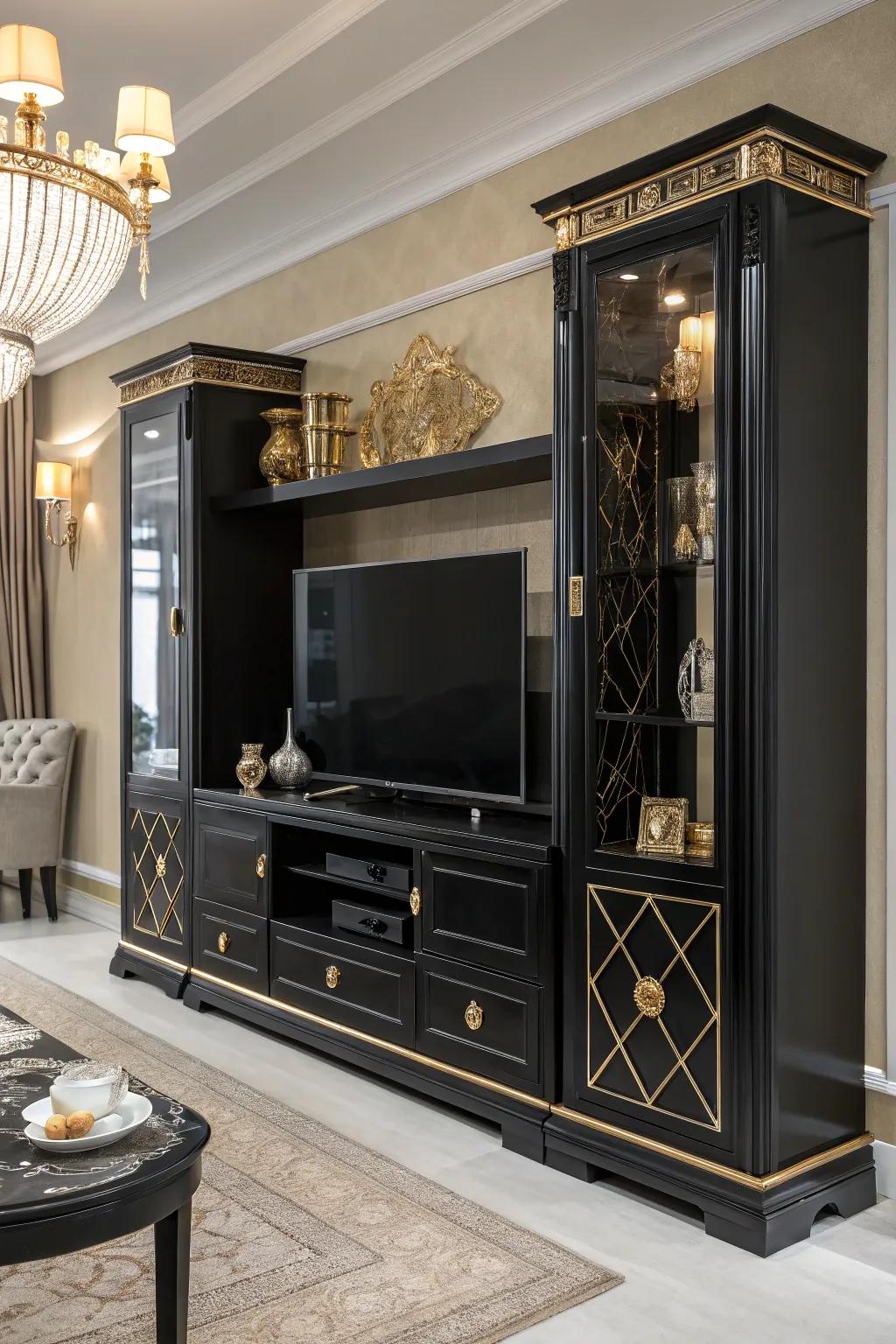 A bold black entertainment center that makes a statement.
