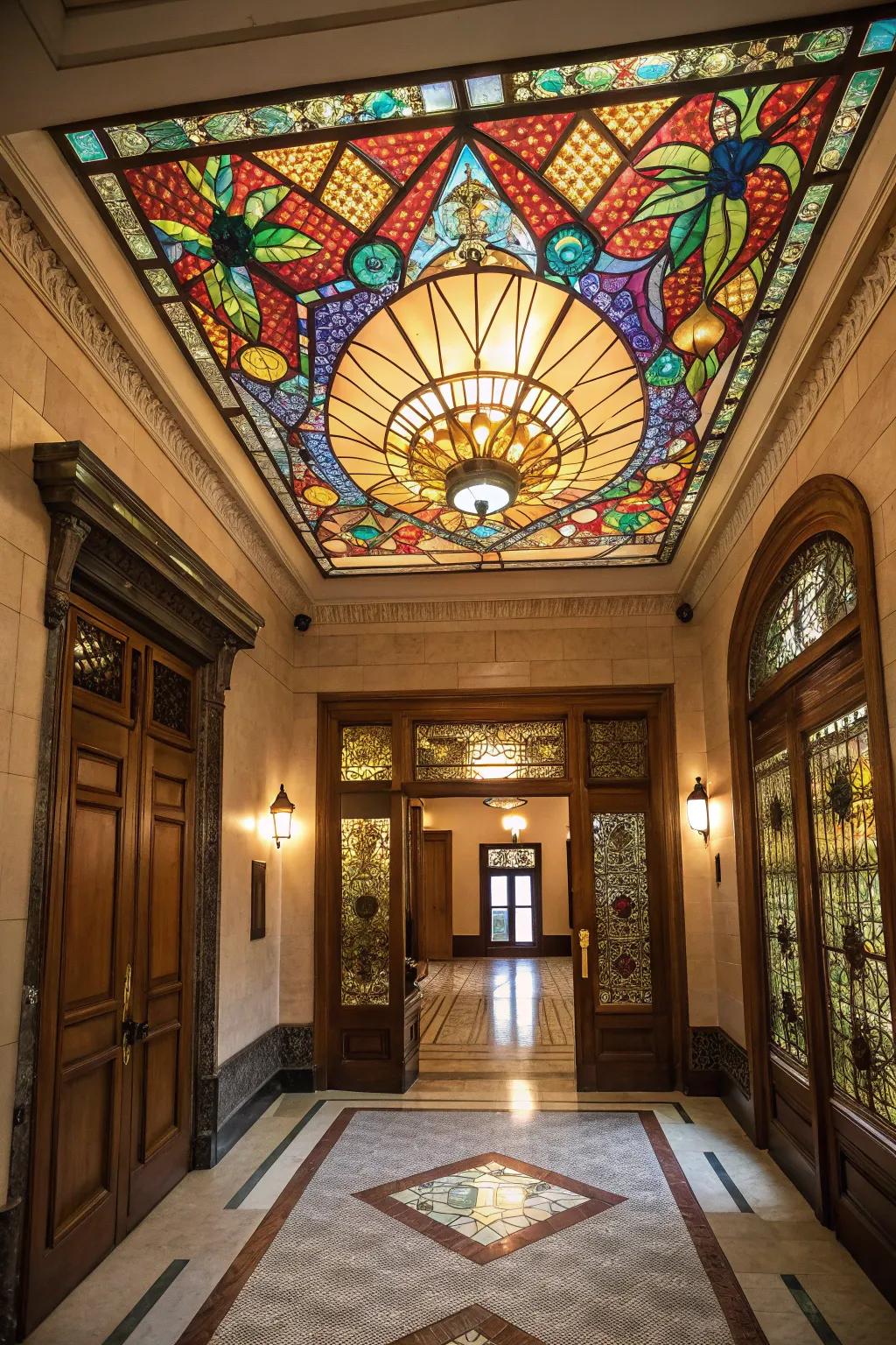 Colored glass ceilings add color and uniqueness to your entryway.