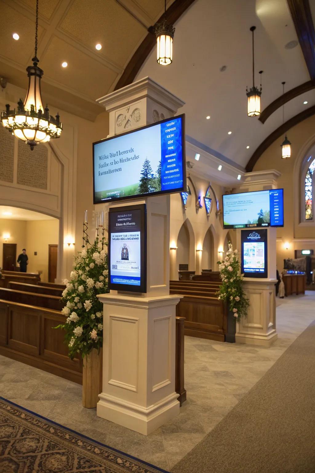 Interactive displays engage visitors in the church lobby.