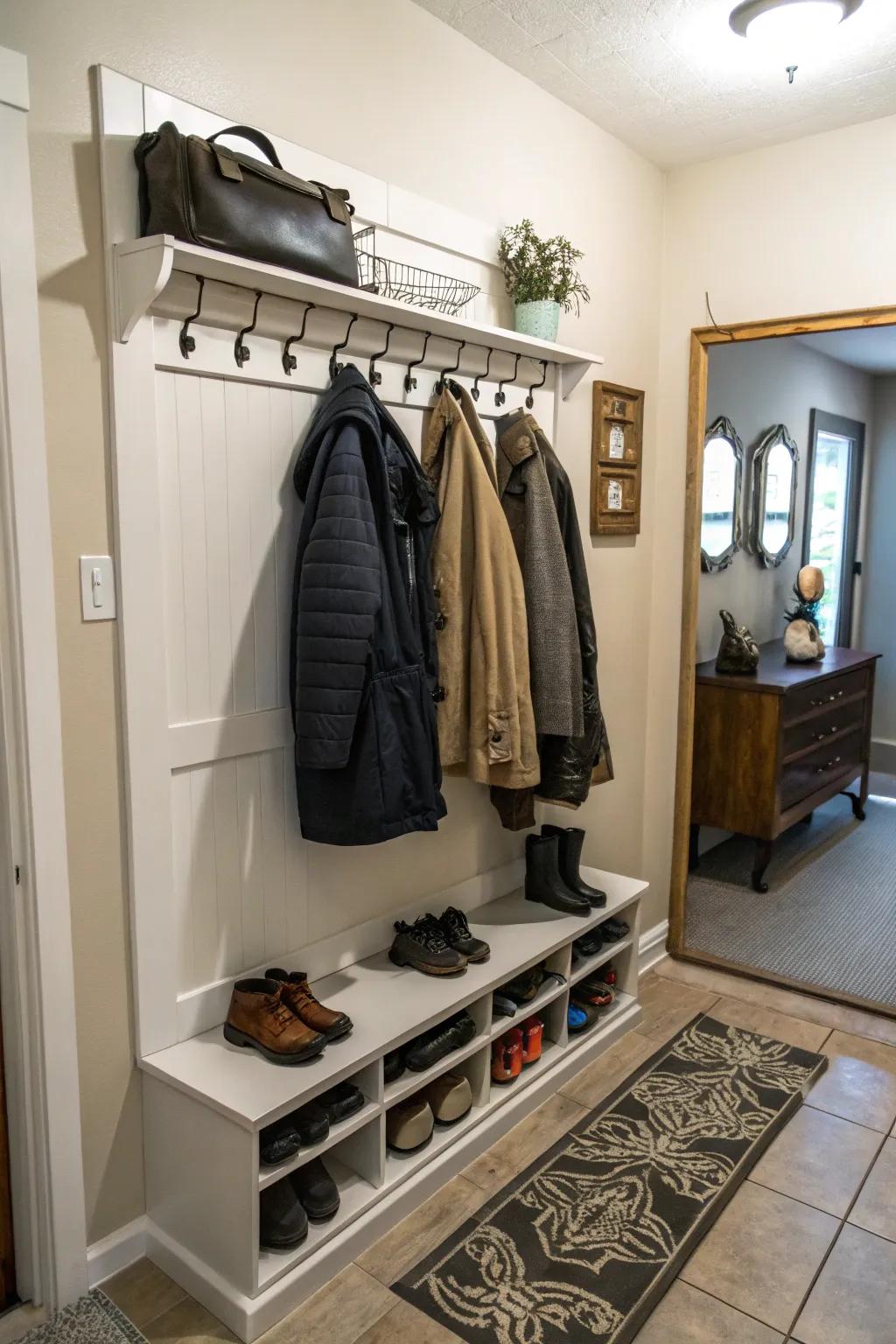 This rack helps you combine storage for shoes and coats.